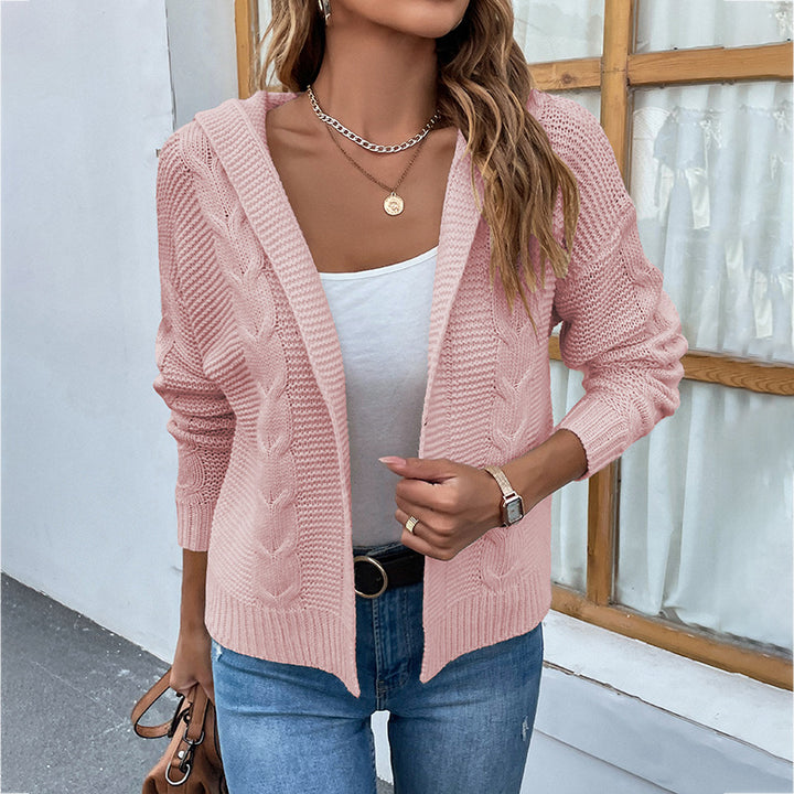 Women's Fashion Casual Solid Color Hooded Twist Sweater Cardigan Coat-Sweaters-Zishirts