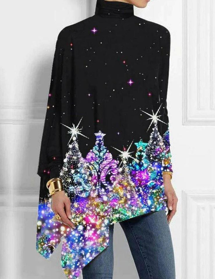 Fashion High Collar Loose And Irregular Digital Printed Long-sleeved Top-Women's Outerwear 2023-Zishirts