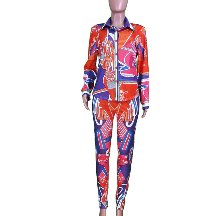 Women's Printed Long-sleeved Shirt Body-hugging Suit-Suits & Sets-Zishirts