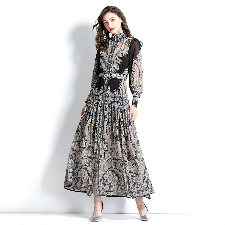 Stand-up Collar Puff Sleeve Wave Edge Printed Temperament Ankle Super Long Dress-Womens 2024 March-Zishirts