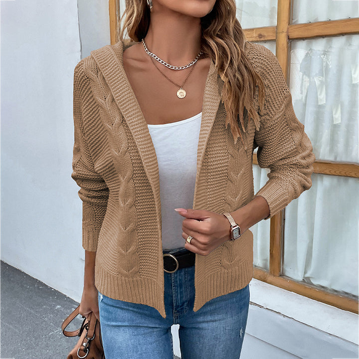 Women's Fashion Casual Solid Color Hooded Twist Sweater Cardigan Coat-Sweaters-Zishirts