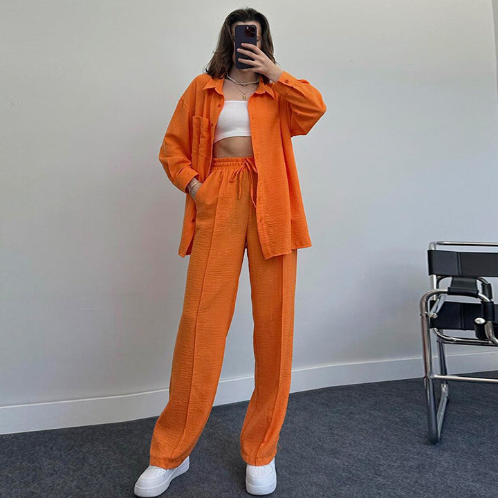 Women's Fashion Casual Solid Color Shirt And Trousers Two-piece Set-Suits & Sets-Zishirts