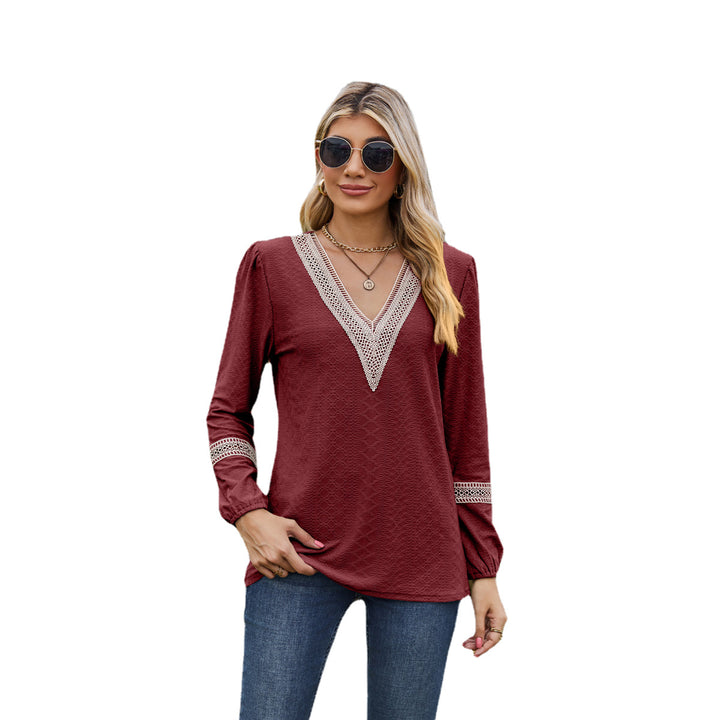 Lace V-neck Patchwork Long Sleeve Loose-fitting T-shirt Top-Blouses & Shirts-Zishirts