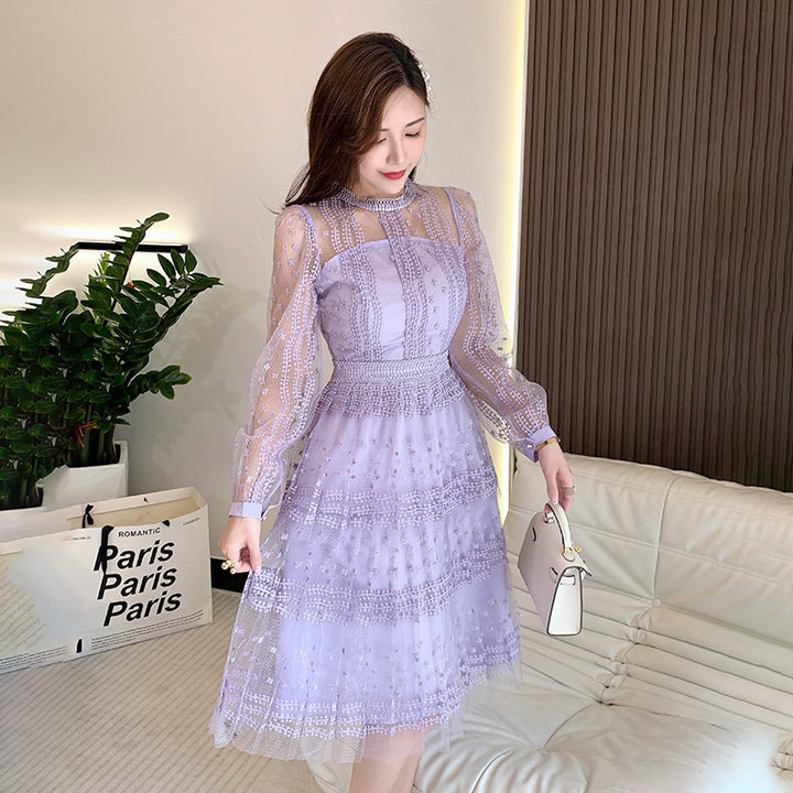 Lilac Purple Lace Stitching Mesh Embroidered Long Sleeve Round Neck See-through Dress-Womens 2024 March-Zishirts