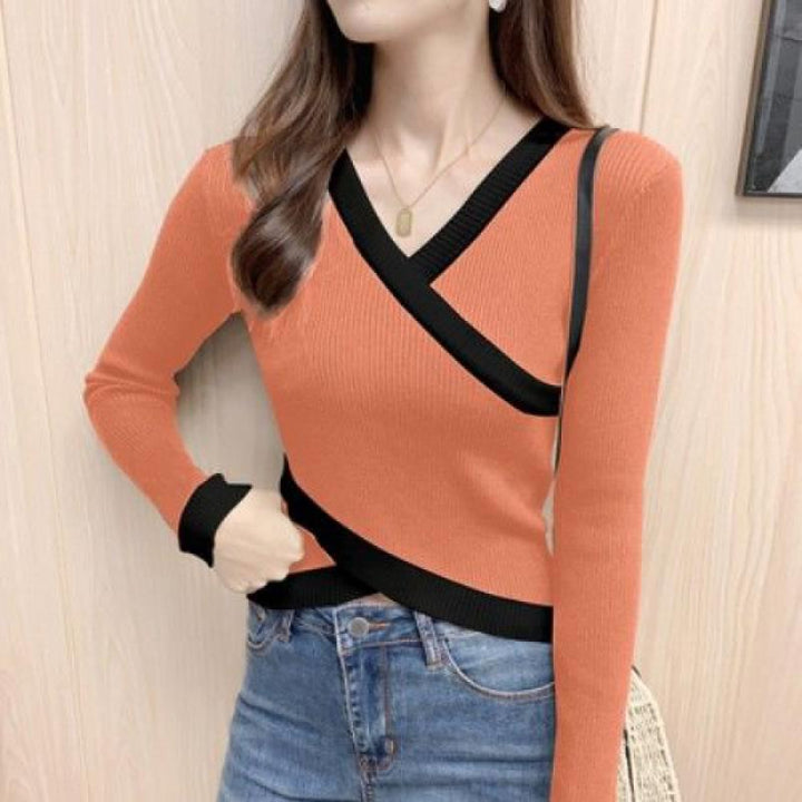 Women's Fashion Simple Cross V-neck Irregular Sweater-Women's Outerwear 2023-Zishirts