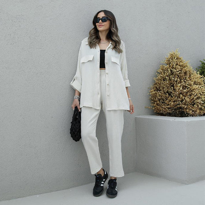 Women's Fashion Casual Solid Color Loose Long Sleeves Shirt And Trousers Suit-Suits & Sets-Zishirts