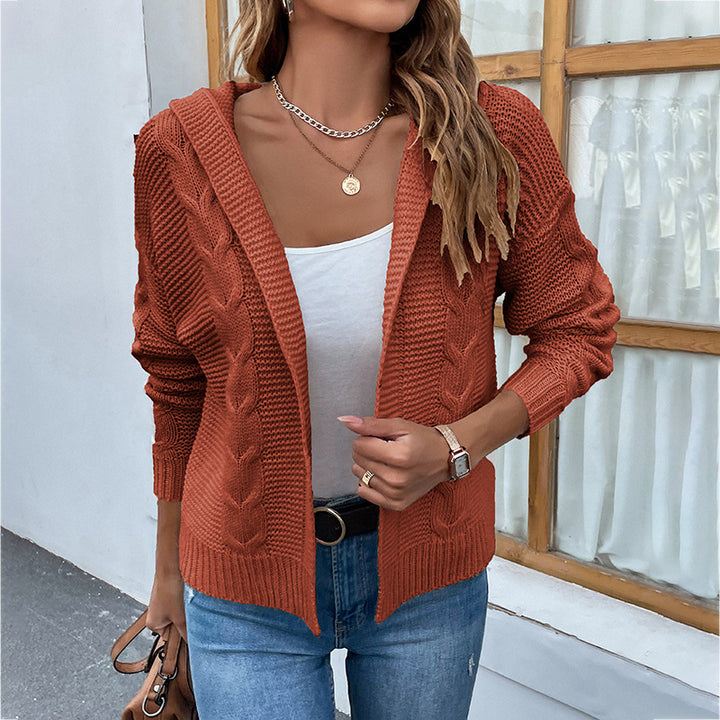 Women's Fashion Casual Solid Color Hooded Twist Sweater Cardigan Coat-Sweaters-Zishirts