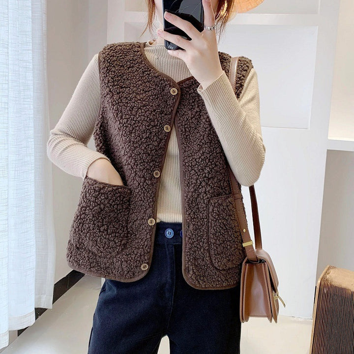 Women's Outer Wear Short Loose Lamb Wool Vest-Women's Outerwear 2023-Zishirts