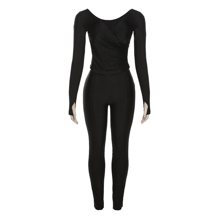 Women's Fashionable V-neck High Waist Tight Trousers Casual Sports Suit-Suits & Sets-Zishirts