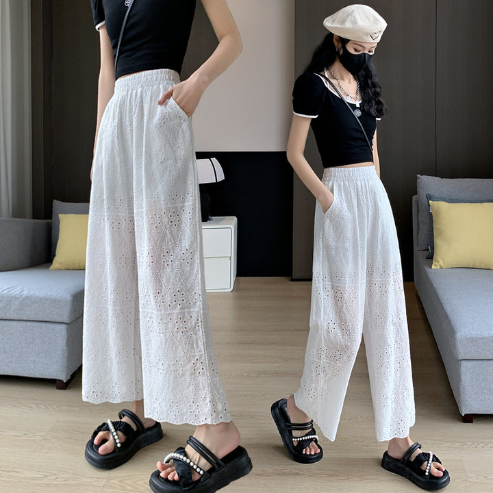 Straight Wide-leg Women's Loose White Embroidered Hollow Casual Pants-0-Zishirts