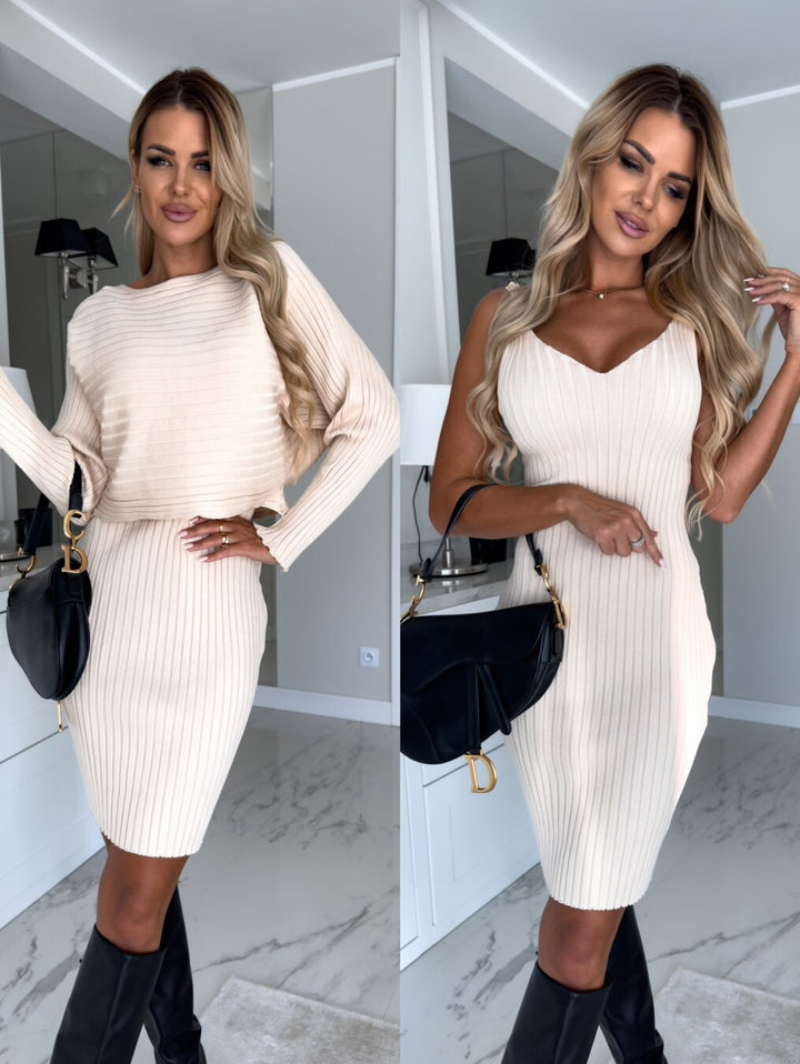 2pcs Suit Women's Solid Stripe Long-sleeved Top And Tight Suspender Skirt Fashion Autumn Winter Slim Clothing-Women's Outerwear 2023-Zishirts