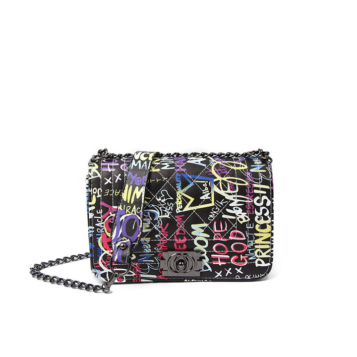 Fashion Printed Letter Graffiti Bag Diamond Chain-Women's Bags-Zishirts