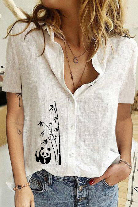 Women's Printed Linen Shirt Short Sleeve-Women's Outerwear 2023-Zishirts