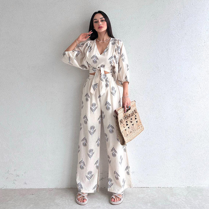 Women's Elegant V-neck Printed Puff Sleeve Top Trousers Two-piece Set-Suits & Sets-Zishirts