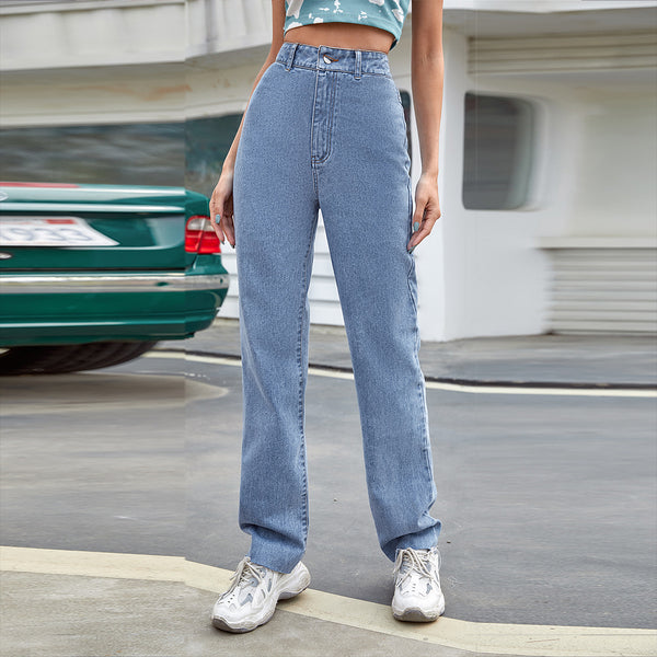 Women's Straight Loose High Waist Denim Trousers-0-Zishirts