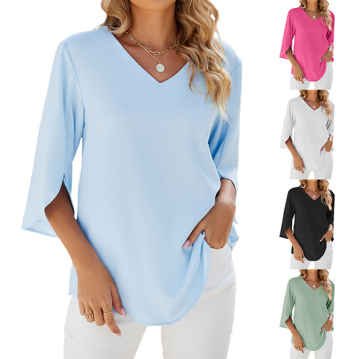 Women's Fashion Solid Color And V-neck Half Sleeves Loose Chiffon Blouse Top-Womens 2024 March-Zishirts