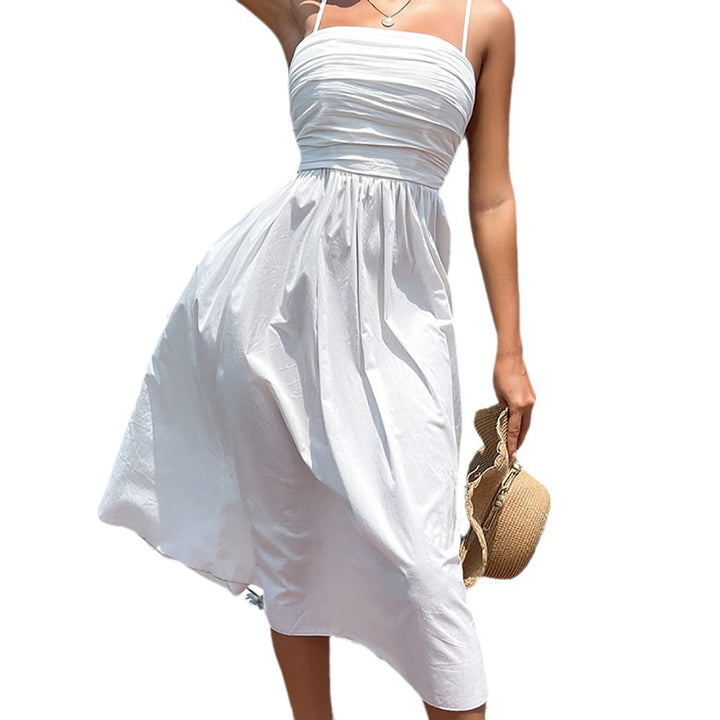 Fashion Dress Pleated Backless Holiday White Suspender-0-Zishirts