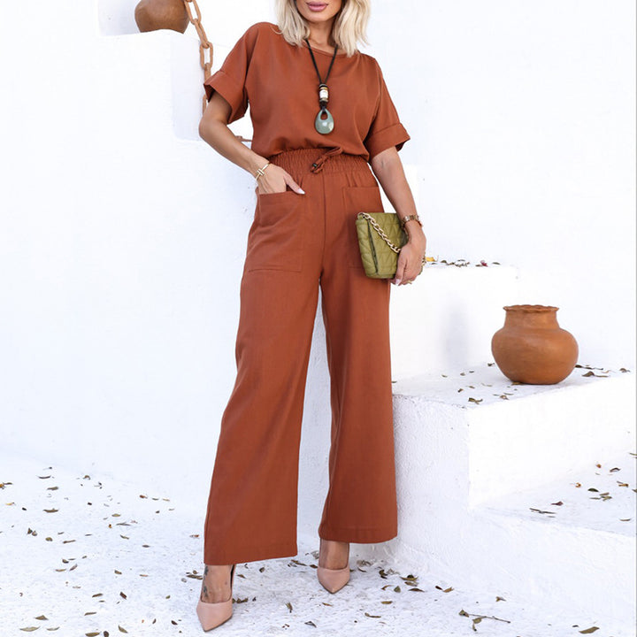 Women's Fashion Temperament Crew Neck Short-sleeved T-shirt Wide-leg Pants Suit-Suits & Sets-Zishirts