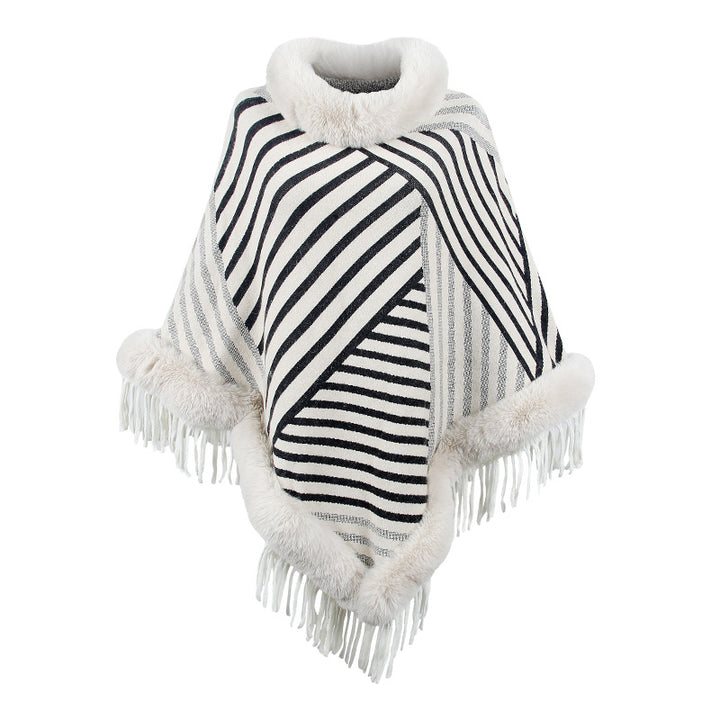 Drizzling Fur Collar Pullover Tassel Knitted Cape For Women-Scarves & Wraps-Zishirts