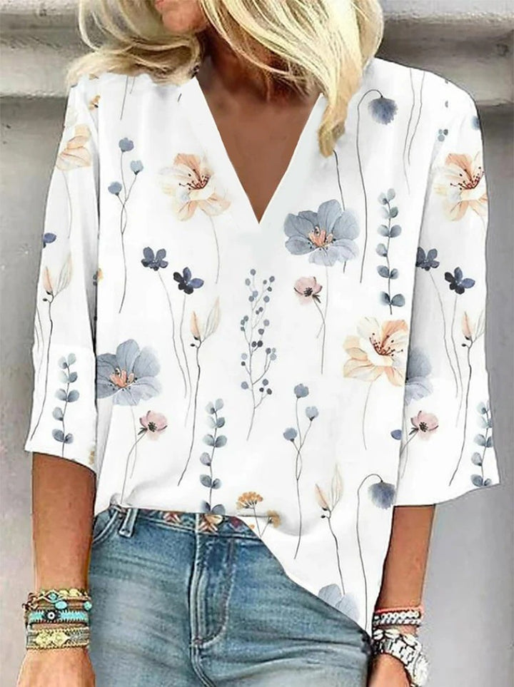 Casual Printed Loose V-neck Women's Top-Blouses & Shirts-Zishirts