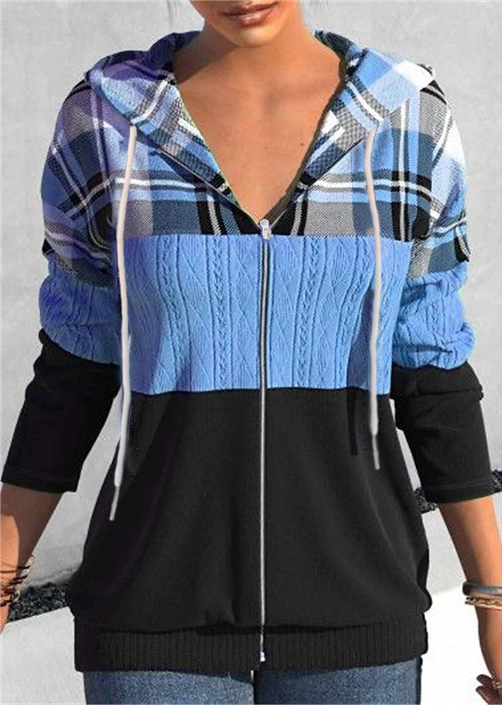 Women's Zipper Cardigan Hooded Plaid Printed Sweater-Womens 2024 March-Zishirts