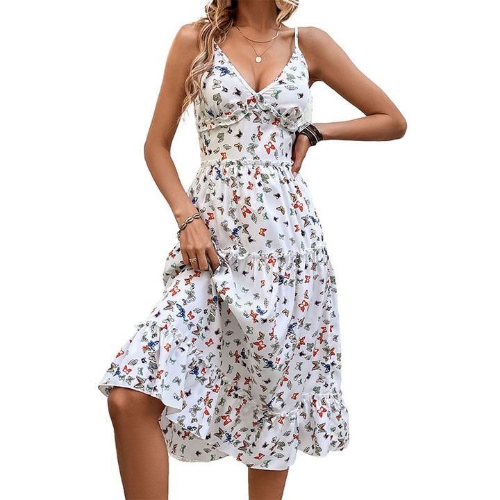 Women's Clothing V-neck Strap Printed Dress-0-Zishirts