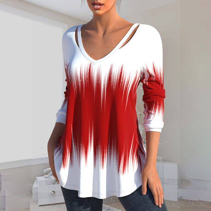 Women's Hollow V Long Sleeve Printed T-shirt Shirt-Blouses & Shirts-Zishirts