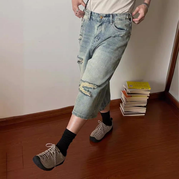 Ripped Wide-legged Jeans Loose Retro Washed Straight Short Pants-Womens 2024 March-Zishirts