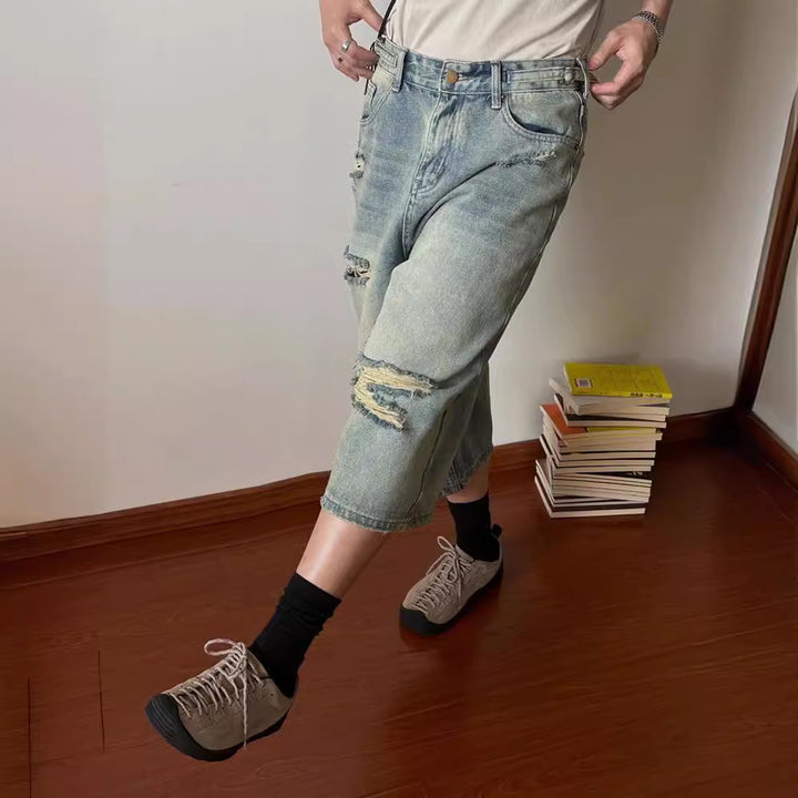 Ripped Wide-legged Jeans Loose Retro Washed Straight Short Pants-Womens 2024 March-Zishirts