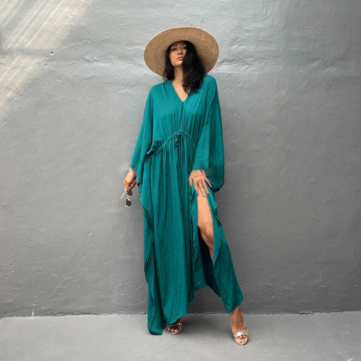 Rayon Loose Plus Size Slit Beach Cover-up Waist Pull-belt Vacation Dress-Womens 2024 March-Zishirts