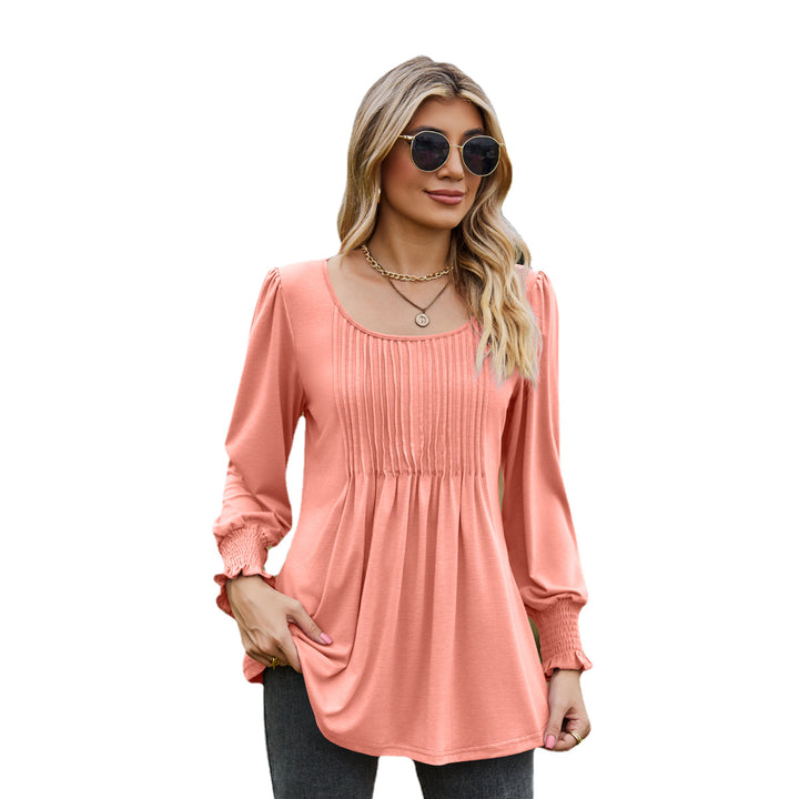 Solid Color Round Neck Drawstring Cuff Smocking Top-Blouses & Shirts-Zishirts