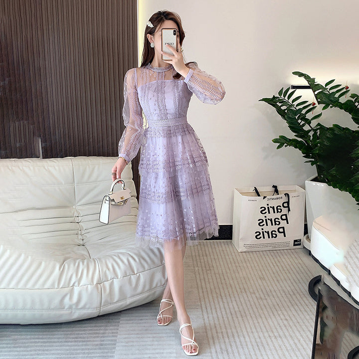 Lilac Purple Lace Stitching Mesh Embroidered Long Sleeve Round Neck See-through Dress-Womens 2024 March-Zishirts