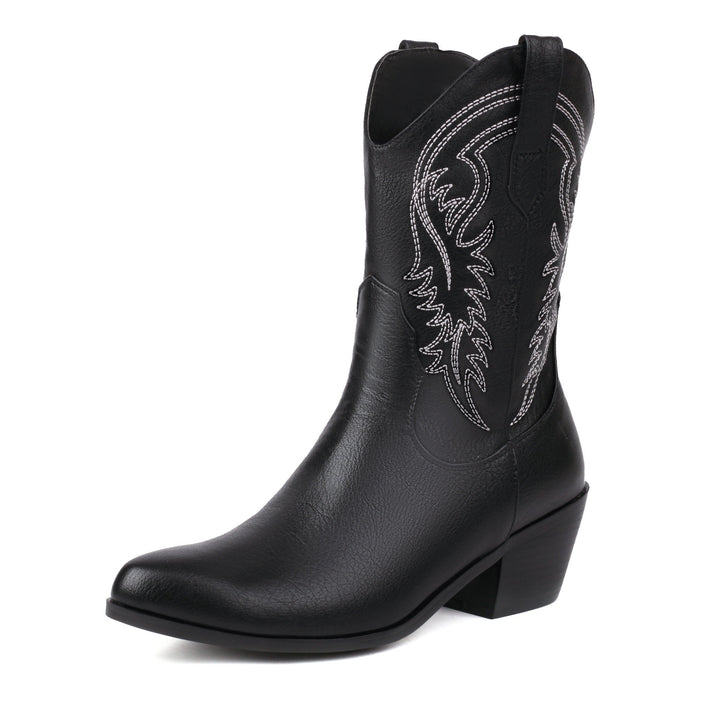 Women's Fashionable Simple Thick Mid Heel Sleeve Embroidered Ankle Boots-Womens Footwear-Zishirts