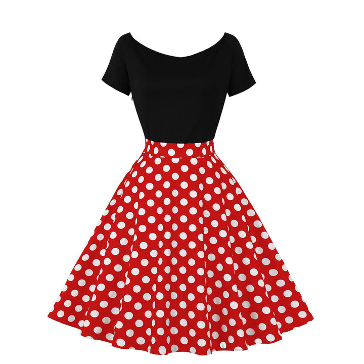 Short Sleeve Stitching Contrast Color Retro Polka Dot Swing Dress-Womens 2024 March-Zishirts