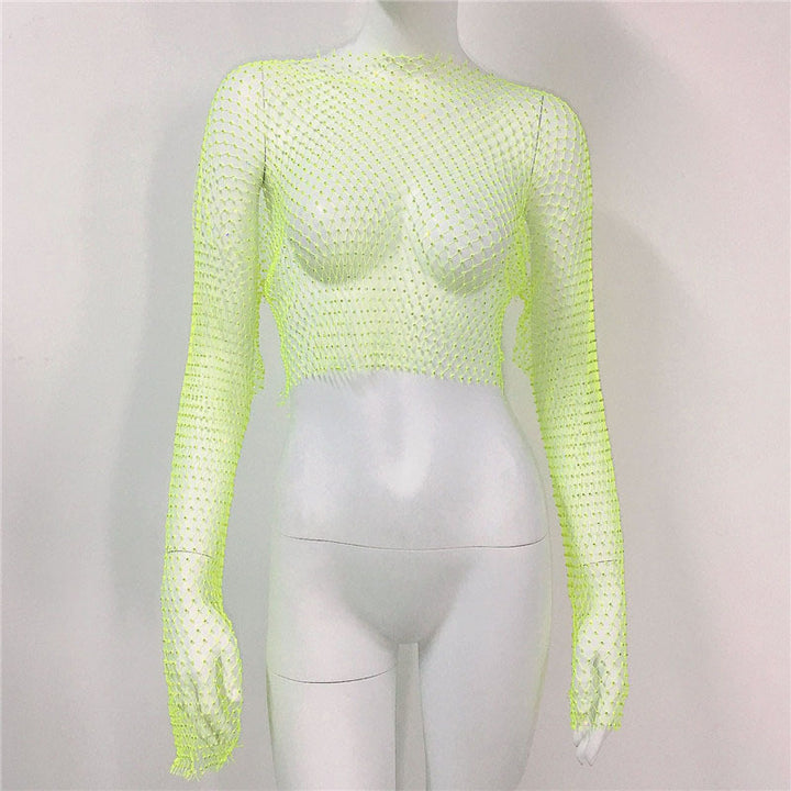 Fishnet Long Sleeve Top Mesh Rhinestone-Blouses & Shirts-Zishirts