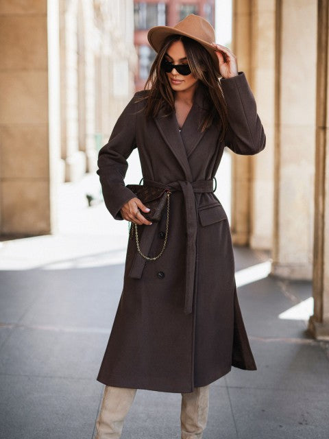 Minimalist Long Sleeve Suit Collar Strap Woolen Coat Women's Clothing-Jackets-Zishirts