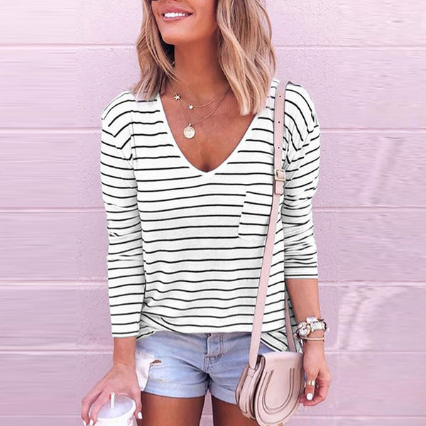 Loose V-neck Striped Long Sleeve Bottoming Shirt-Blouses & Shirts-Zishirts