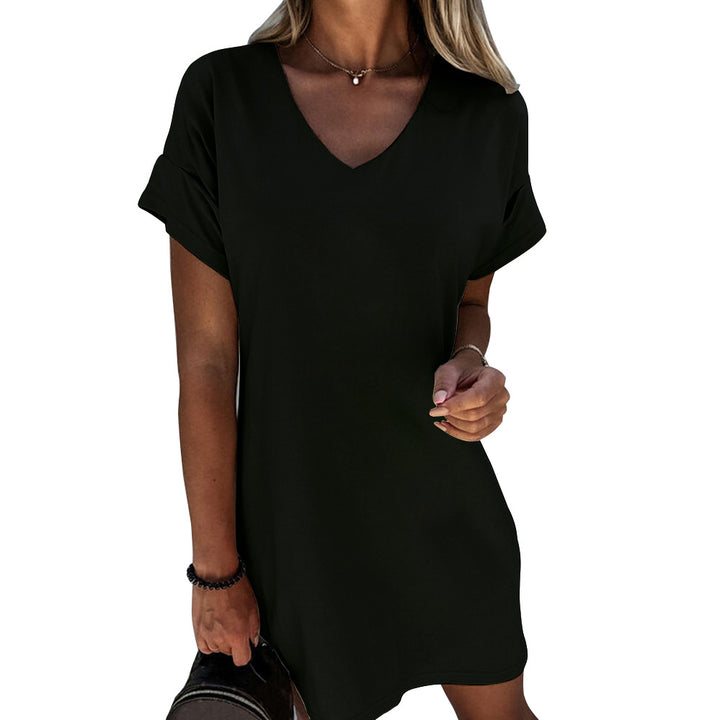 Women's Short Sleeve V-neck Solid Color Loose Dress-Women's Outerwear 2023-Zishirts