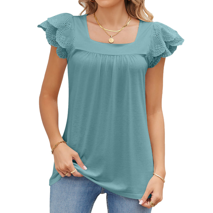 Solid Color Lace Stitching Square Collar Petals Short Sleeve T-shirt Top Female-Blouses & Shirts-Zishirts