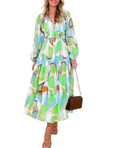 Deep V Print High Waist Long Sleeves Dress Women-Womens 2024 March-Zishirts