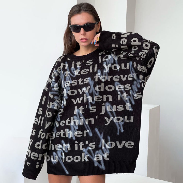 Women's Fashion Casual Loose Contrast Color Letter Embroidered Top-Sweaters-Zishirts