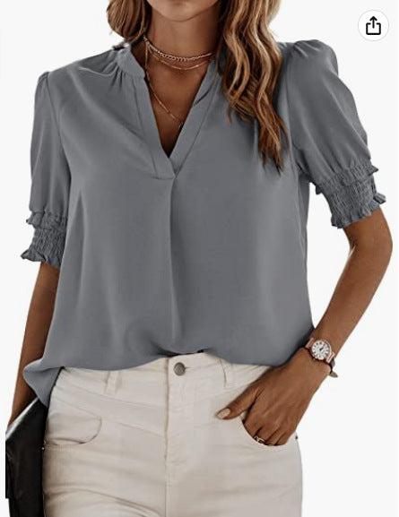 Women's V-neck Casual Short-sleeved Solid Color Chiffon Shirt-Womens 2024 March-Zishirts