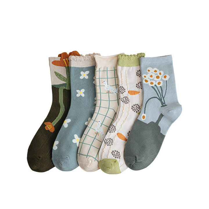 Women's Vintage Small Flower Mid-calf Ins Pure Cotton Breathable Socks-Women's Outerwear 2023-Zishirts