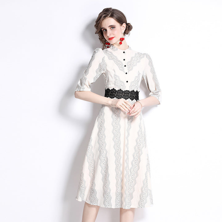 Apricot Lace Embroidery Gentle Slim Fit Graceful And Fashionable 7-point Sleeve Dress-Womens 2024 March-Zishirts