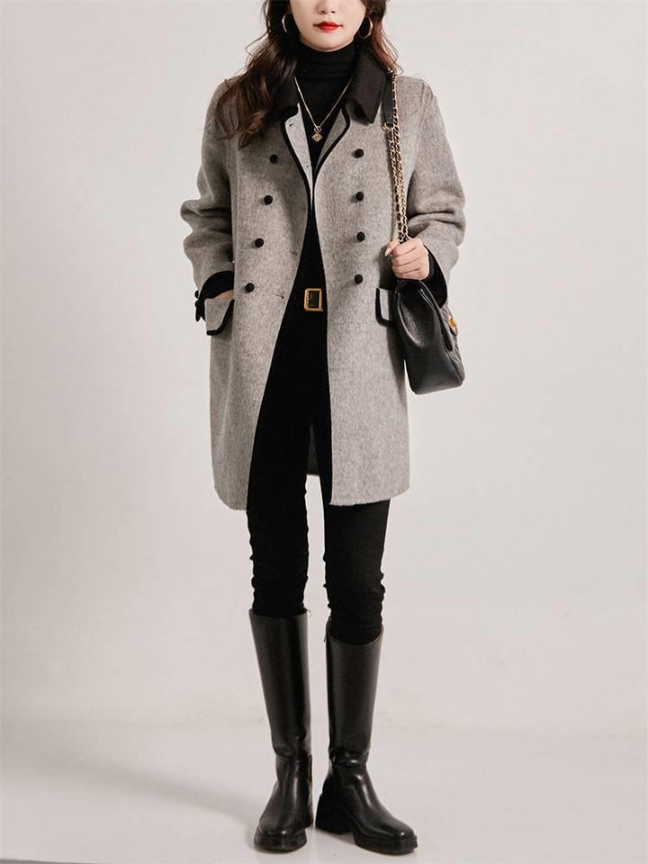 Casual Contrast Color Peter Pan Collar Reversible Woolen Coat-Jackets-Zishirts