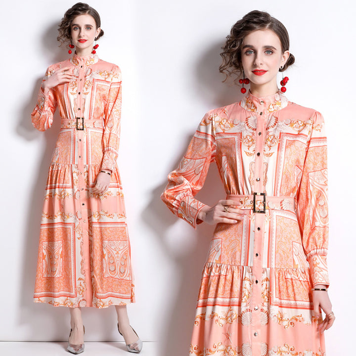 Retro Totem Printing Temperament Single-breasted Long Sleeve Large Swing Dress-0-Zishirts