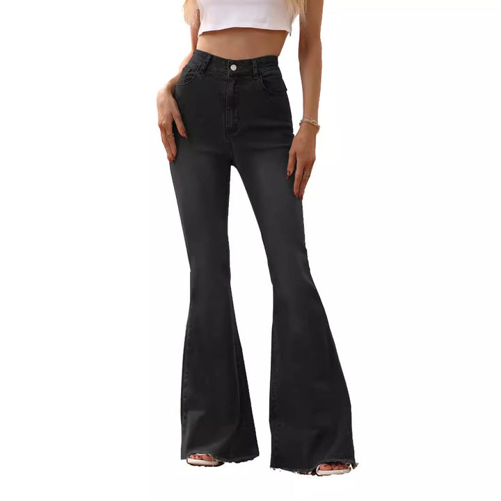 Women's Clothing Slightly Flared Jeans Black Rough Edges Horseshoe Pants-0-Zishirts