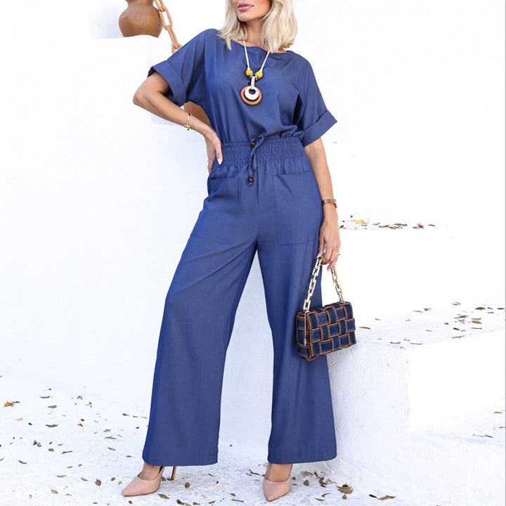 Women's Fashion Temperament Crew Neck Short-sleeved T-shirt Wide-leg Pants Suit-Suits & Sets-Zishirts