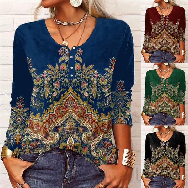 Women's Fashion Loose-fitting Long Sleeves Geometric Floral U-neck Button T-shirt-Womens 2024 March-Zishirts