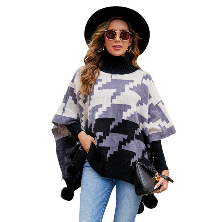 Contrast Color Turtleneck Fur Ball Warm Foreign Trade Fashion Shawl Cape Women-Scarves & Wraps-Zishirts